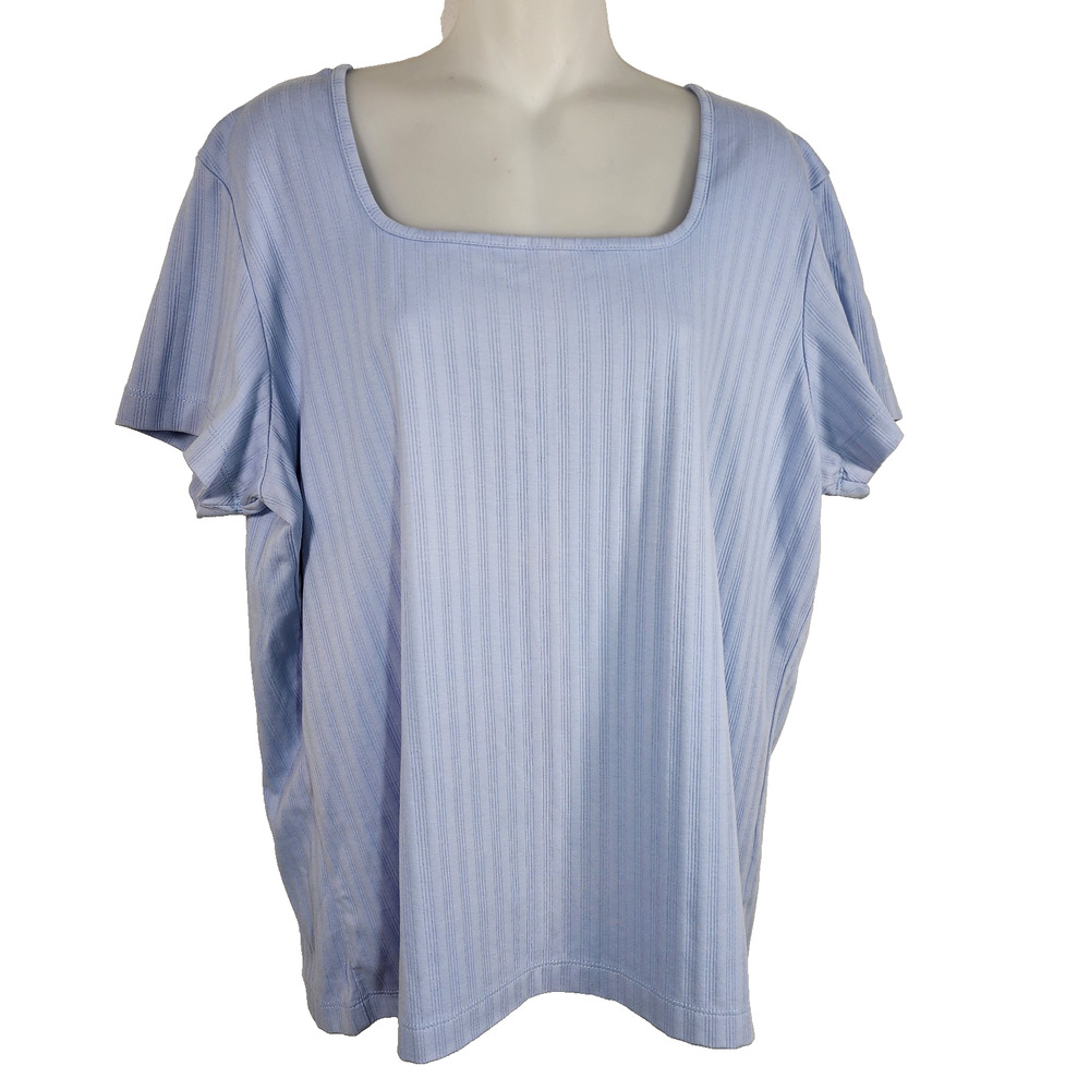 Vtg Lands End Womens Top XL Cotton Square Neck Ribbed Stripe Short Sleeve Blue
